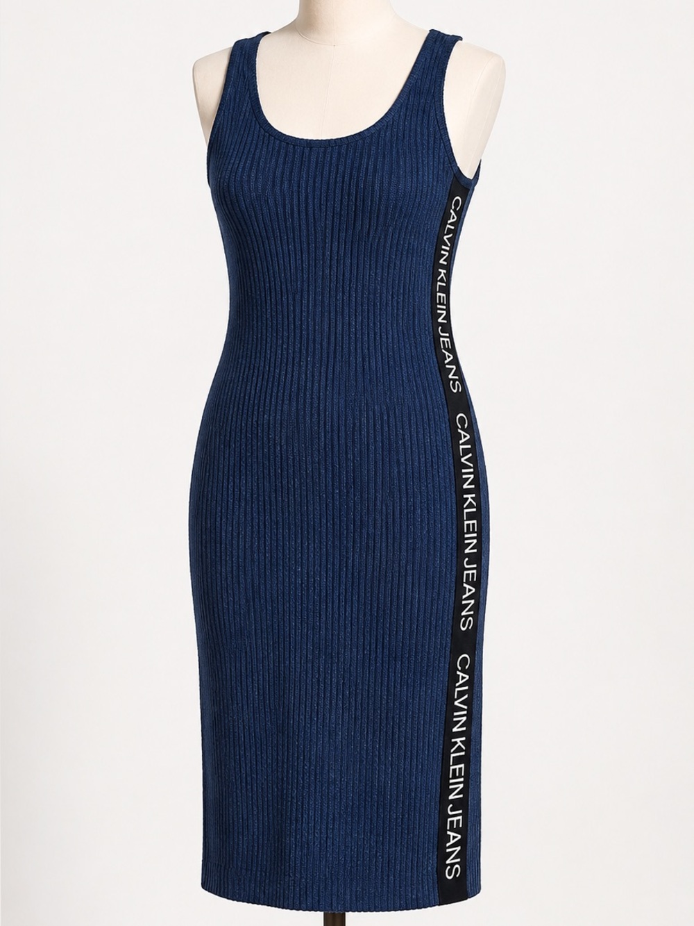 Calvin Klein Tank Dress Ribbed Scoop Neck Slim Body Con Blue Side Logo Tape Lrg